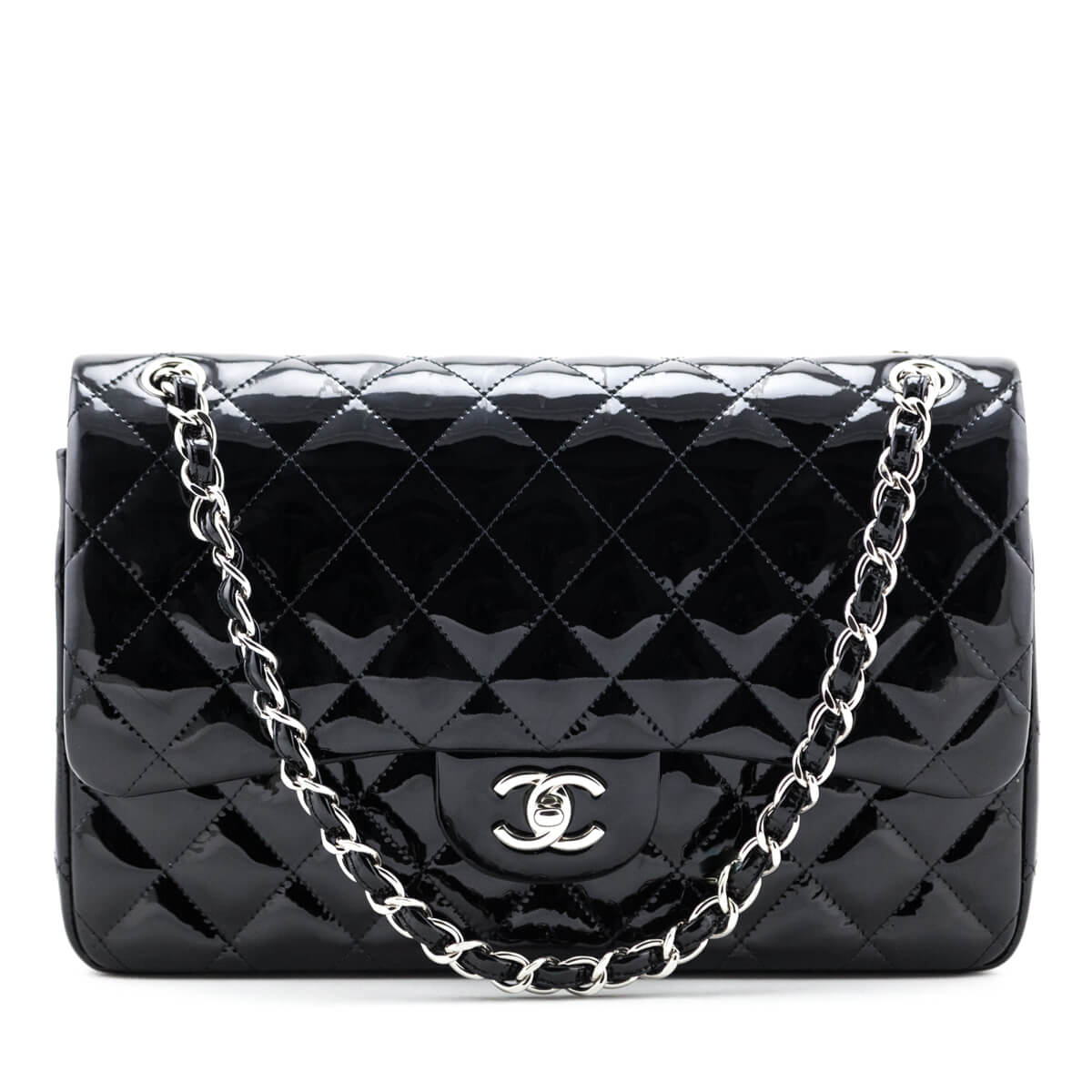 Chanel Black Quilted Patent Leather Jumbo Large Classic Double Flap Ba