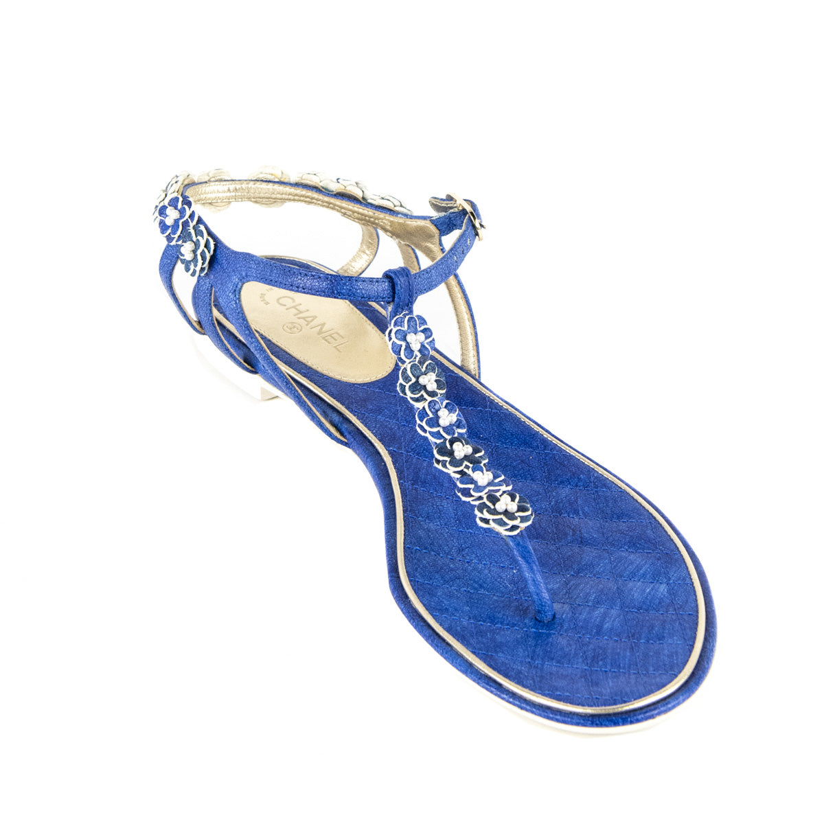 Chanel Blue Flower Embellished T-Strap Sandals - Preowned Chanel CA