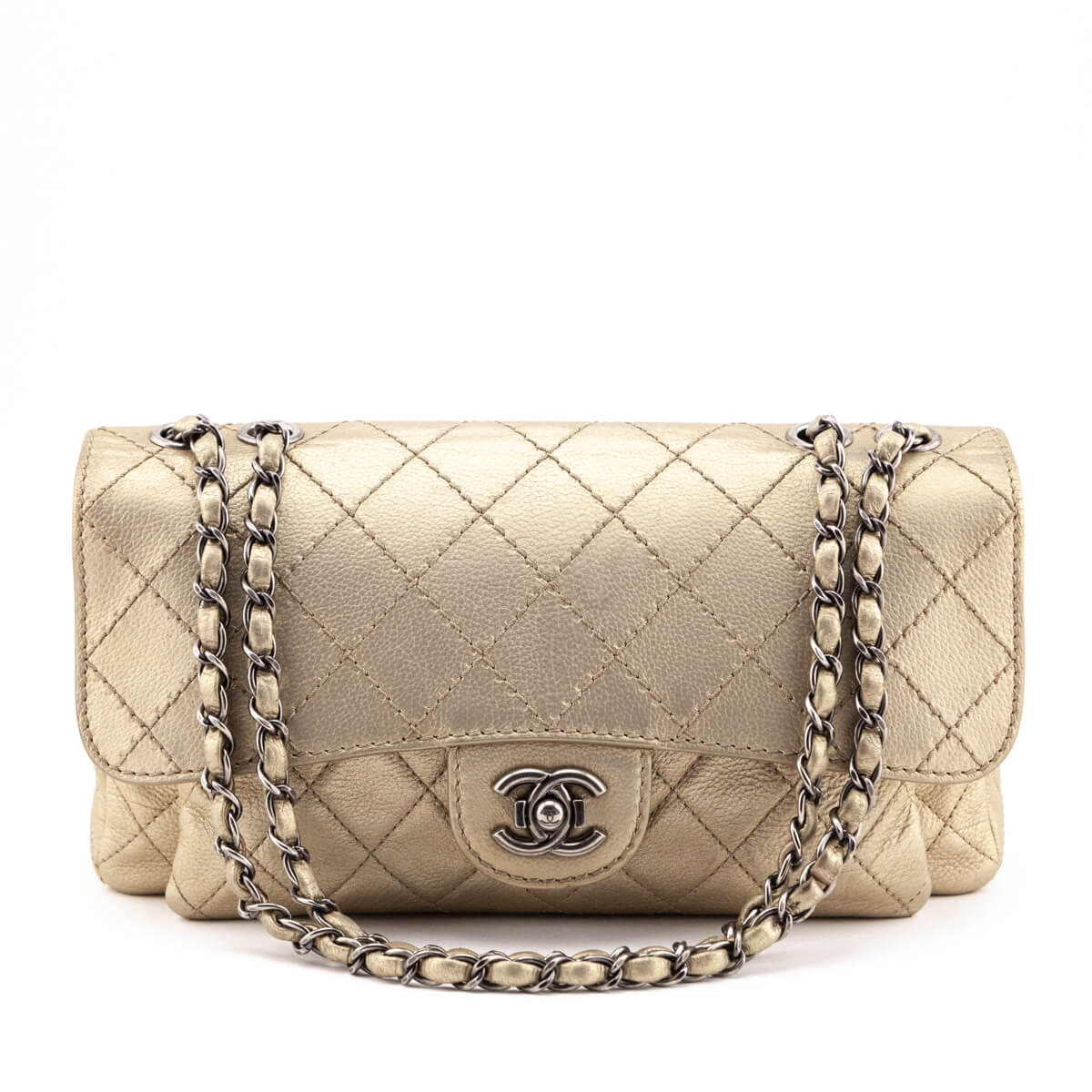 Chanel Metallic Light Gold Quilted Calfskin Flap Clutch with Chain