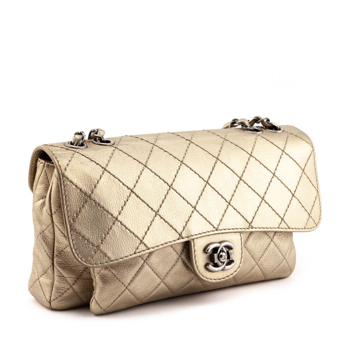 Chanel Metallic Light Gold Quilted Calfskin Flap Clutch with Chain