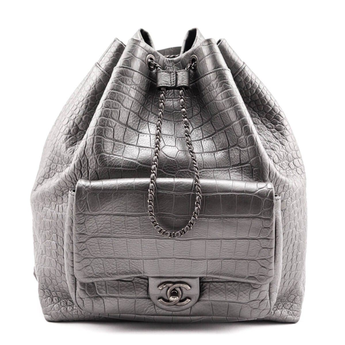 Chanel Metallic Silver Calfskin Crocodile Embossed Large Backpack