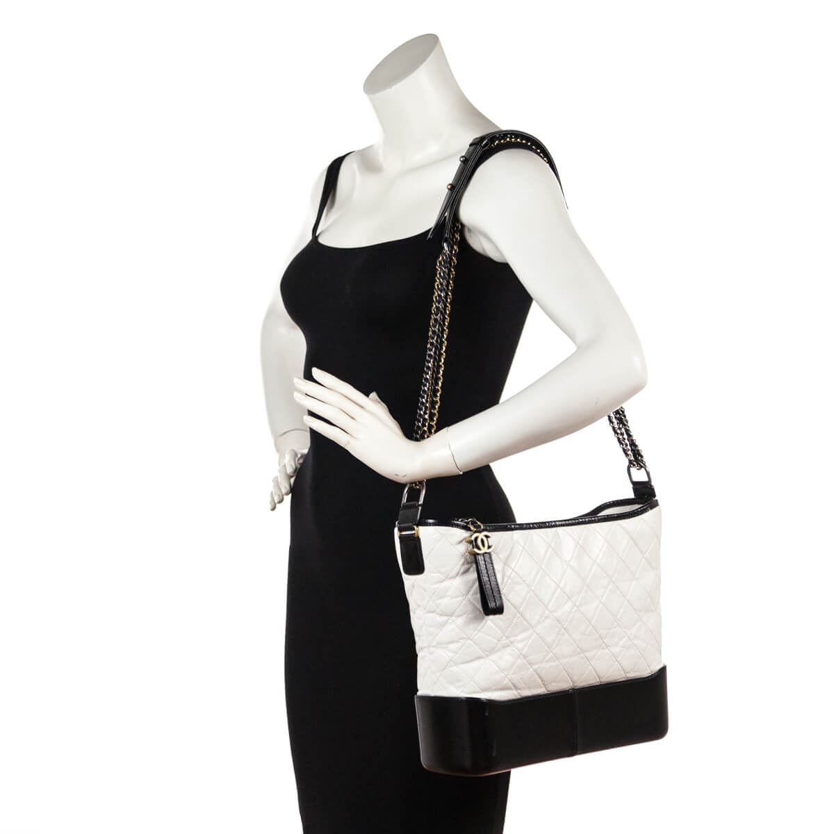 Chanel White & Black Aged Calfskin Quilted Large Gabrielle Hobo