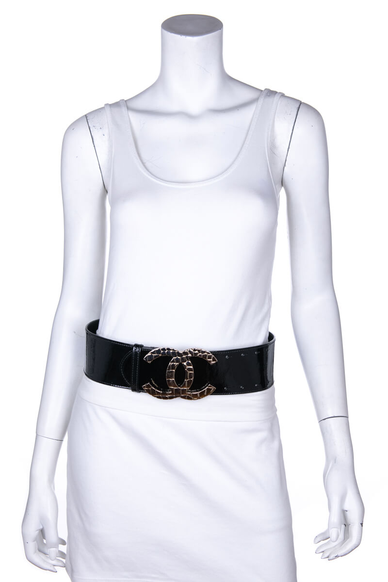 Chanel Black Patent Leather Gold Logo Belt Preloved Chanel Belts Ca