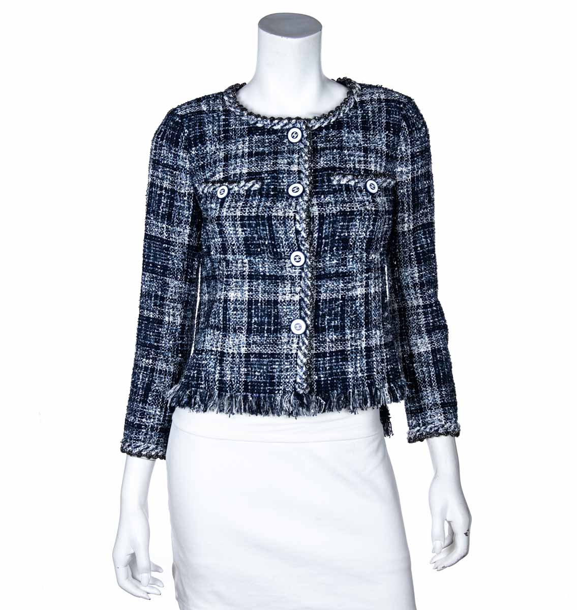 Chanel Blue Tweed Collarless Jacket - Shop Preowned Chanel Online CA