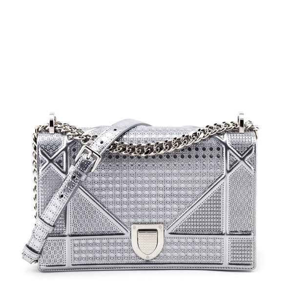 Dior Metallic Silver Micro-Cannage Calfskin Medium Diorama Flap Bag
