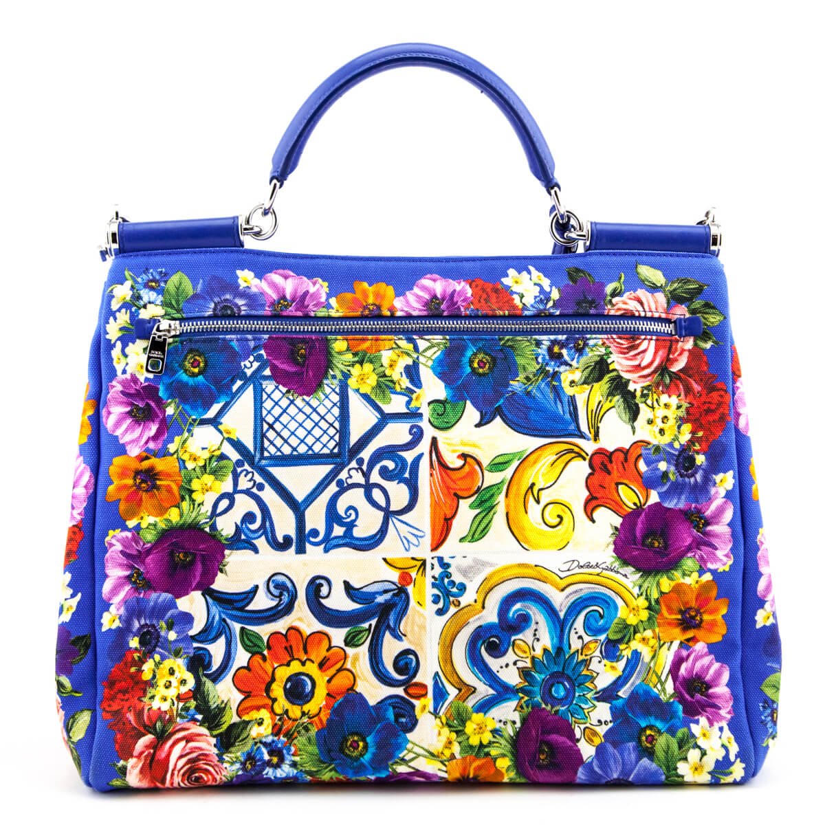 Dolce & Gabbana Blue Majolica-Print Canvas Large Sicily Soft Bag