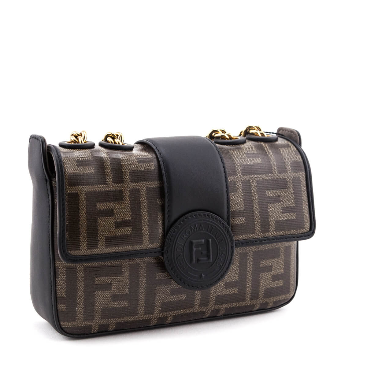 Fendi Tobacco Zucca Black Spalmati Mini Double F Bag - Fendi Handbags