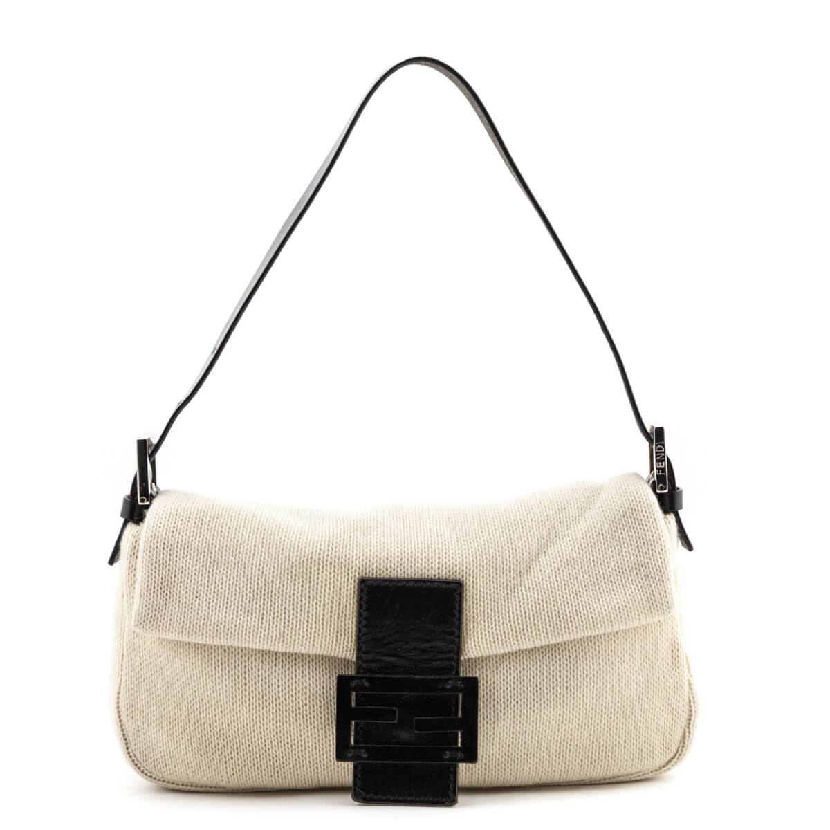 Fendi Cream Knit Black Patent Leather-Trim Baguette Bag - Fendi Canada