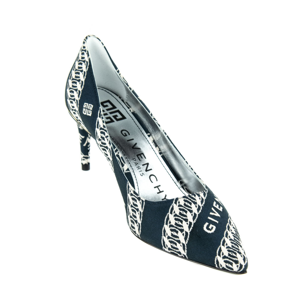 spektrum bekymring håndled Givenchy Navy & White Canvas Chain Print Logo M-Pumps - Designer Shoes