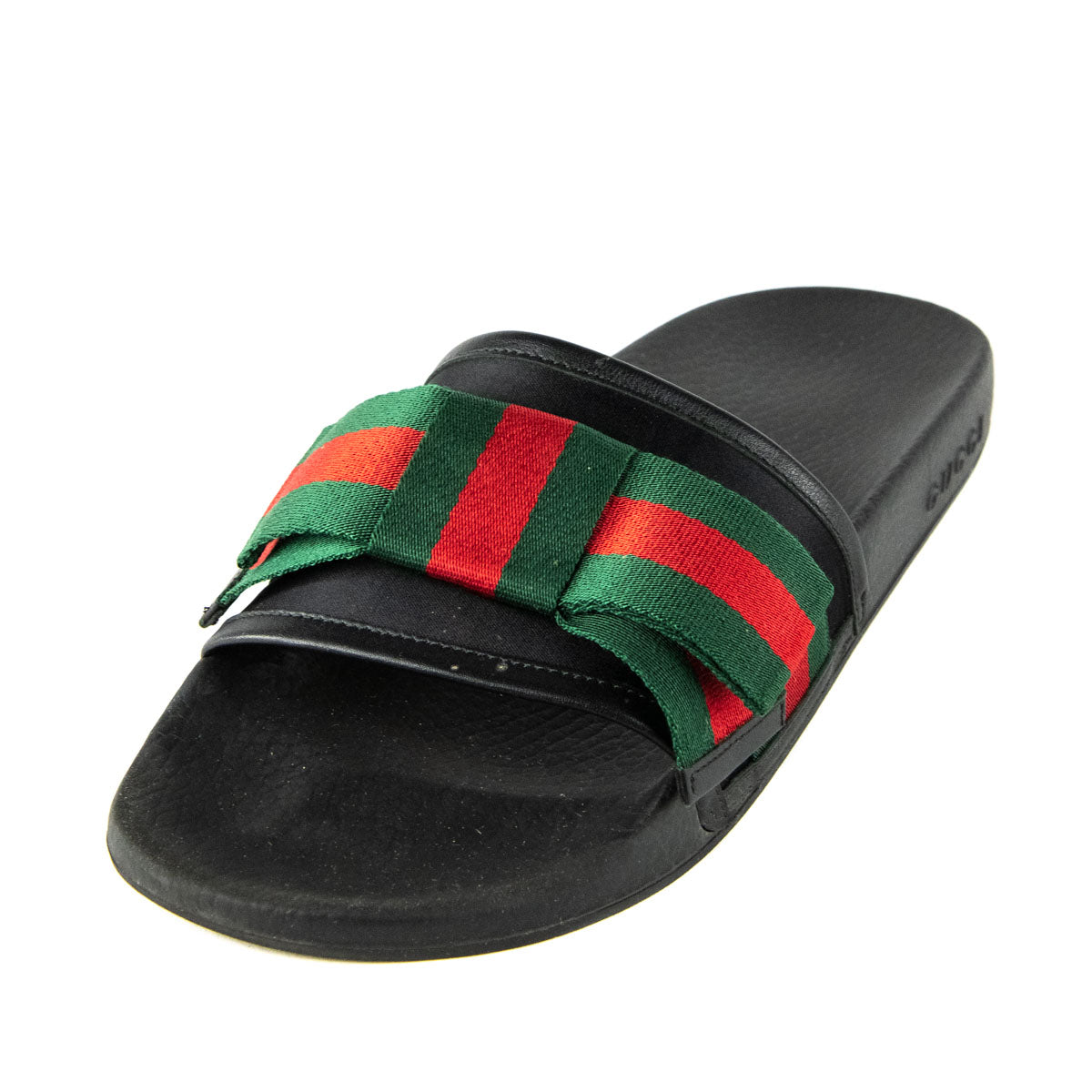Gucci Black Canvas & Rubber Pursuit Web Bow Rubber Slide Sandals