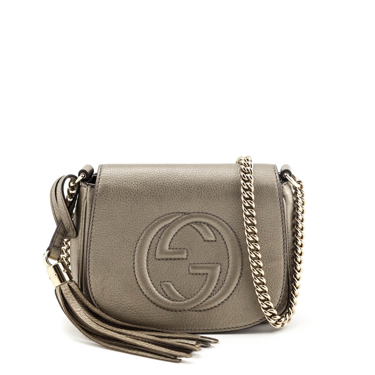 Gucci Metallic Golden Beige Pebbled Calfskin Soho Chain Crossbody Bag