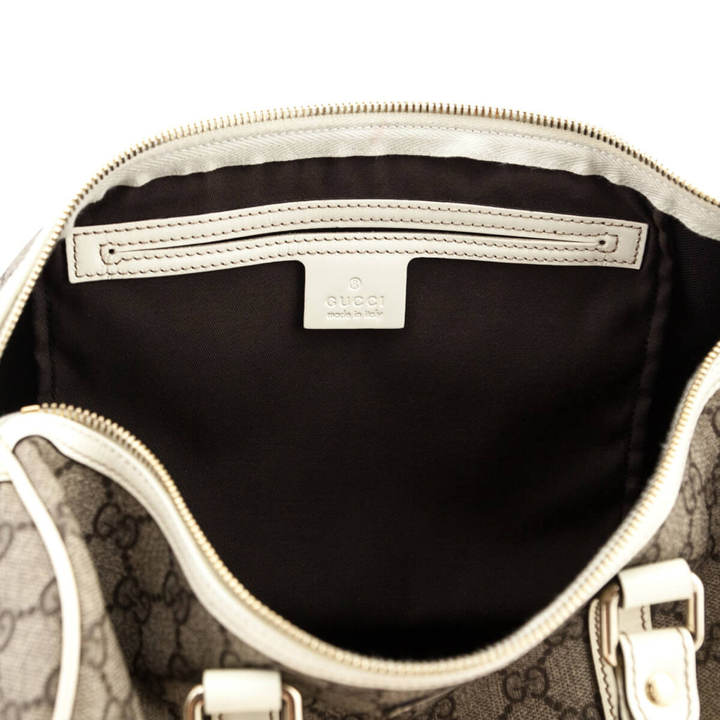 Gucci GG Coated Canvas White Patent Leather-Trim Medium Joy Boston Bag