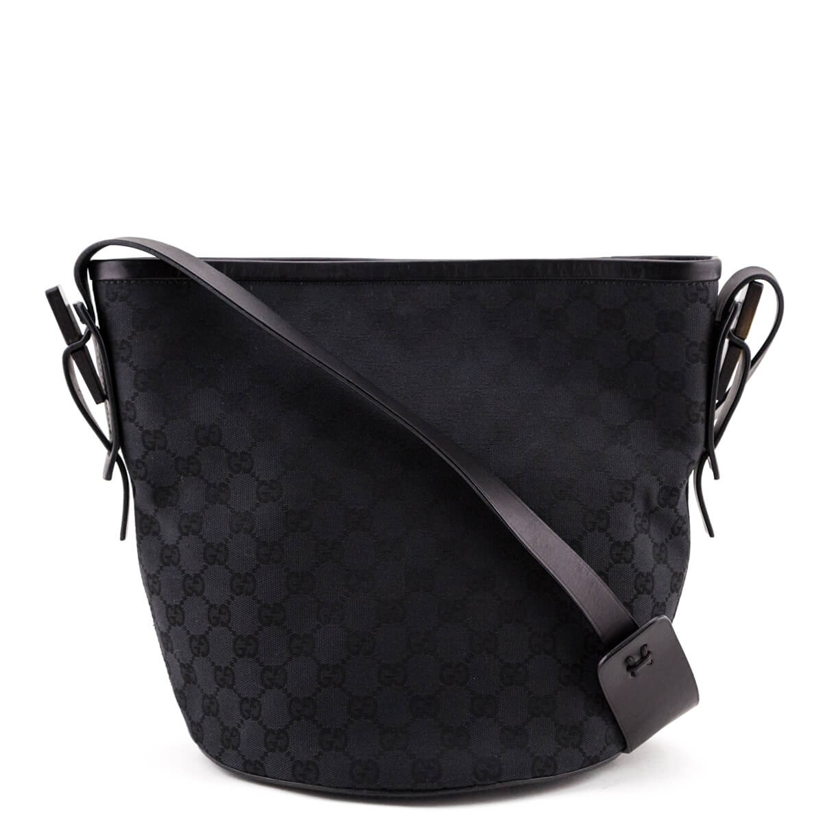 Gucci Black GG Monogram Canvas Wood-Accent Shoulder Bag