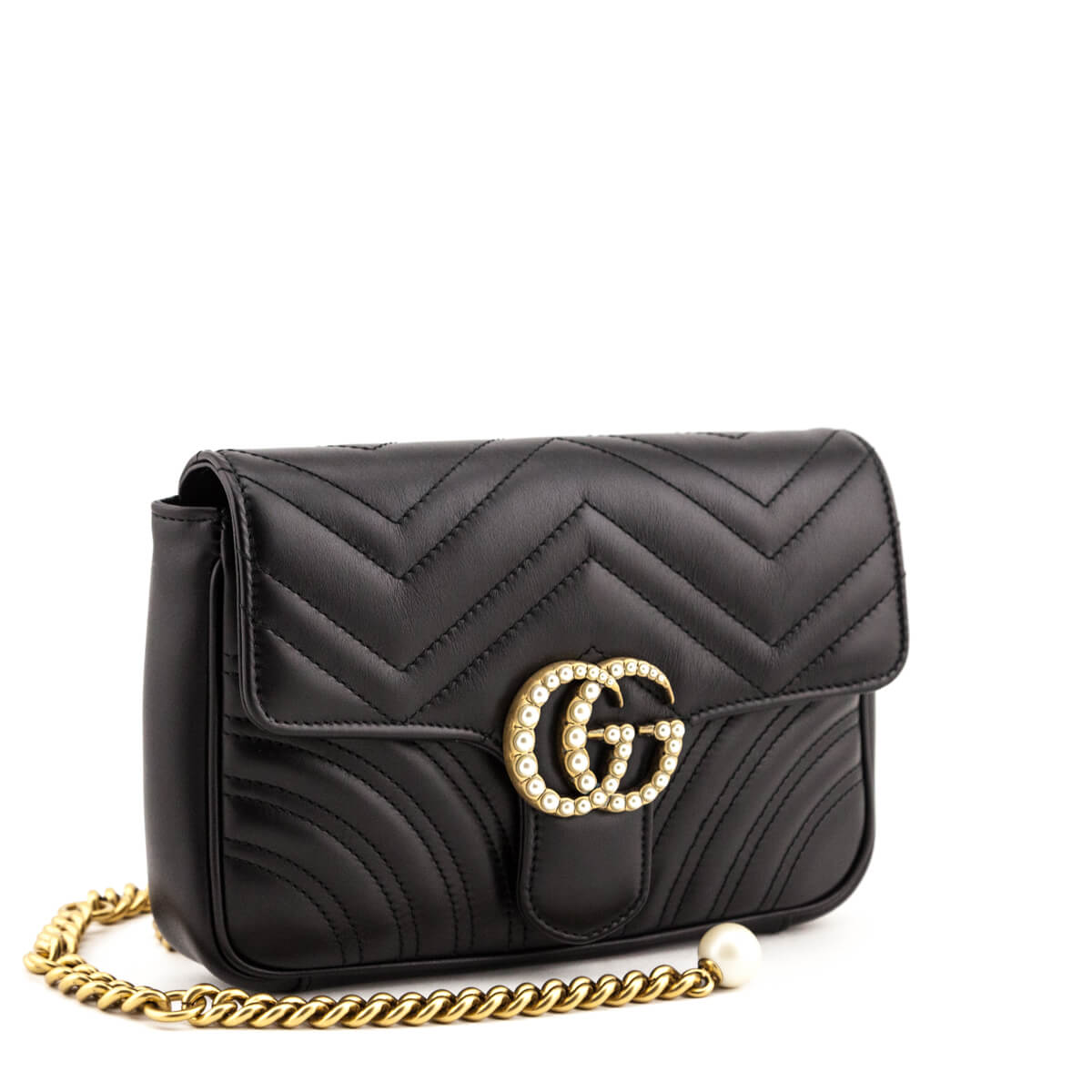 Gucci Black Matelasse Chevron Leather Faux Pearl Marmont Belt Bag