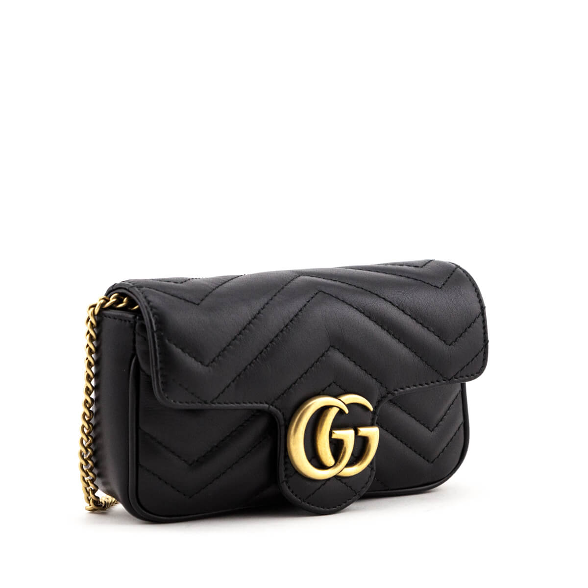 Gucci Black Matelasse Chevron Calfskin GG Marmont Super Mini Bag