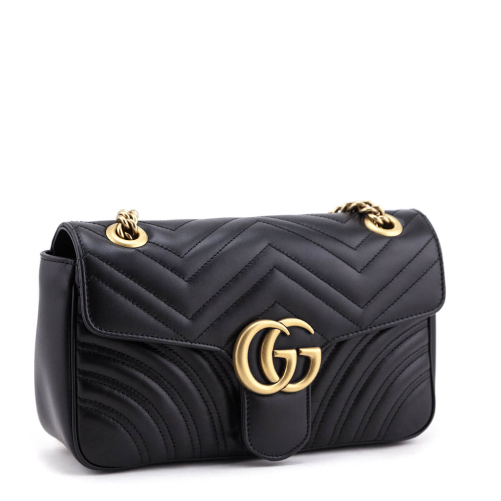 Gucci Black Matelasse Chevron Leather Small GG Marmont Shoulder Bag