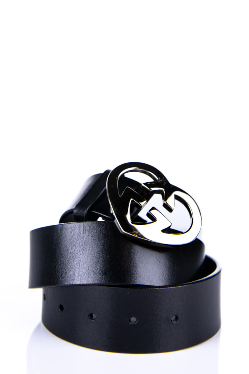 Gucci Black Leather GG Heart Buckle 