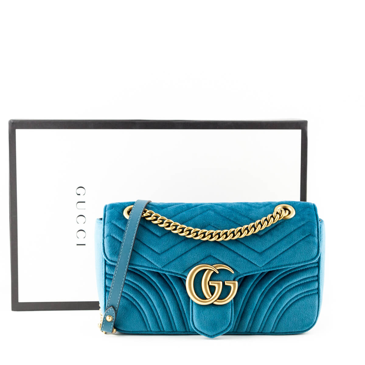 Gucci Petrol Blue Velvet Small GG Marmont Shoulder Bag - Gucci Bags