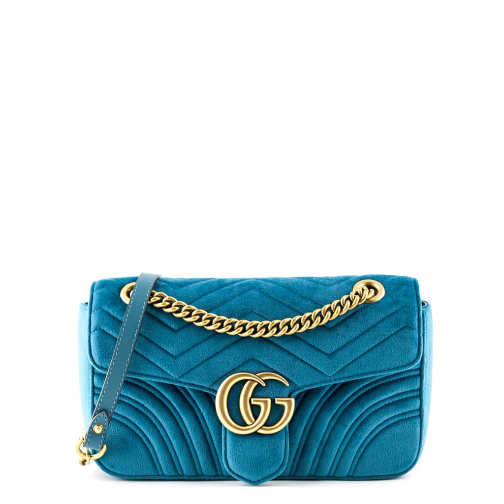 Gucci Petrol Blue Velvet Small GG Marmont Shoulder Bag - Gucci Bags