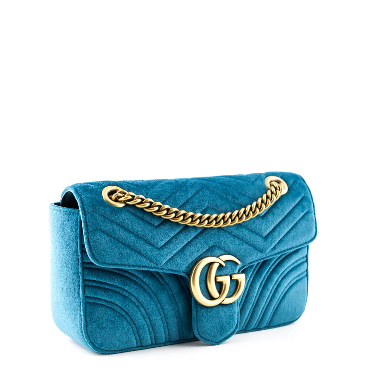 Gucci Petrol Blue Velvet Small GG Marmont Shoulder Bag - Gucci Bags