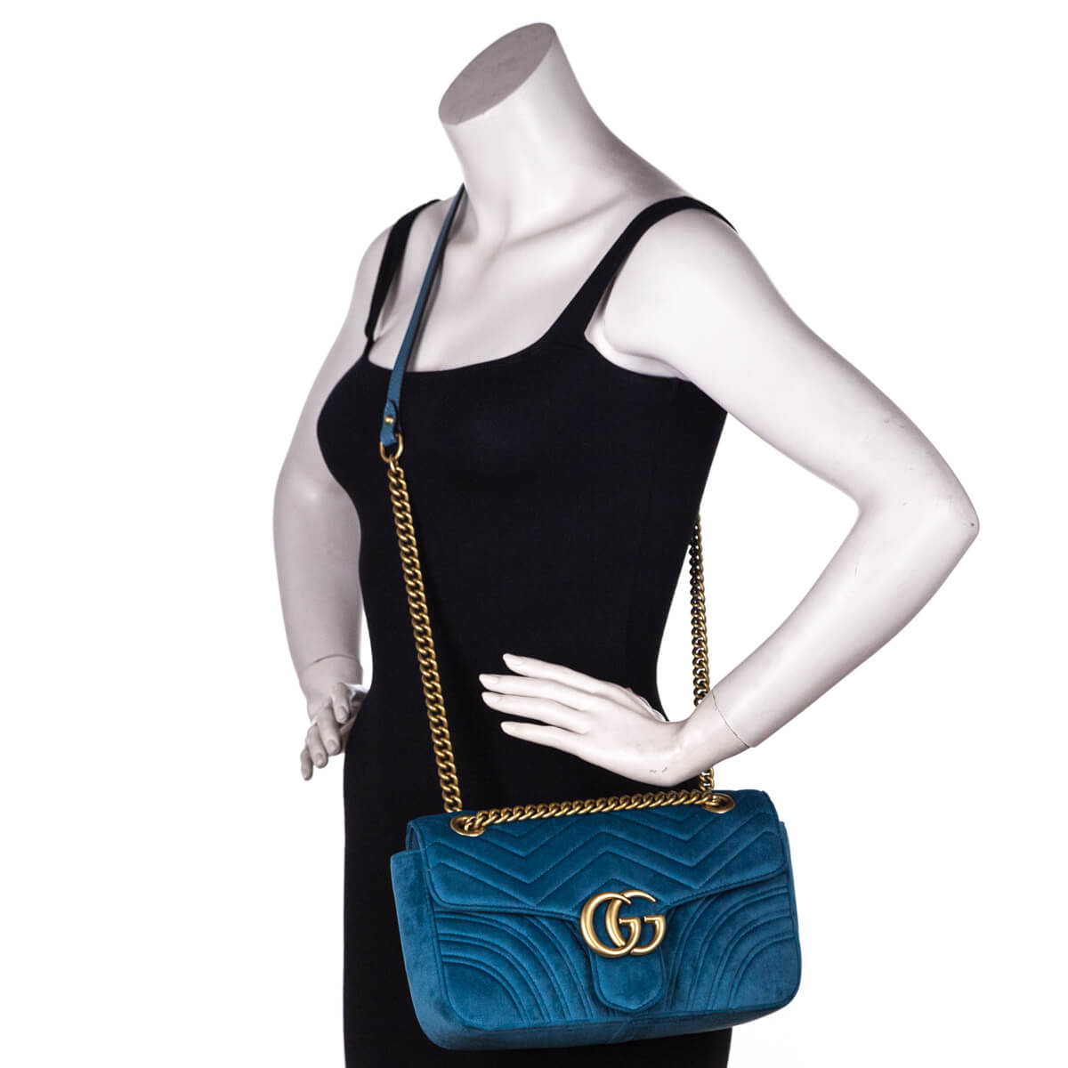 Gucci Petrol Blue Velvet Small GG Marmont Shoulder Bag - Gucci Bags