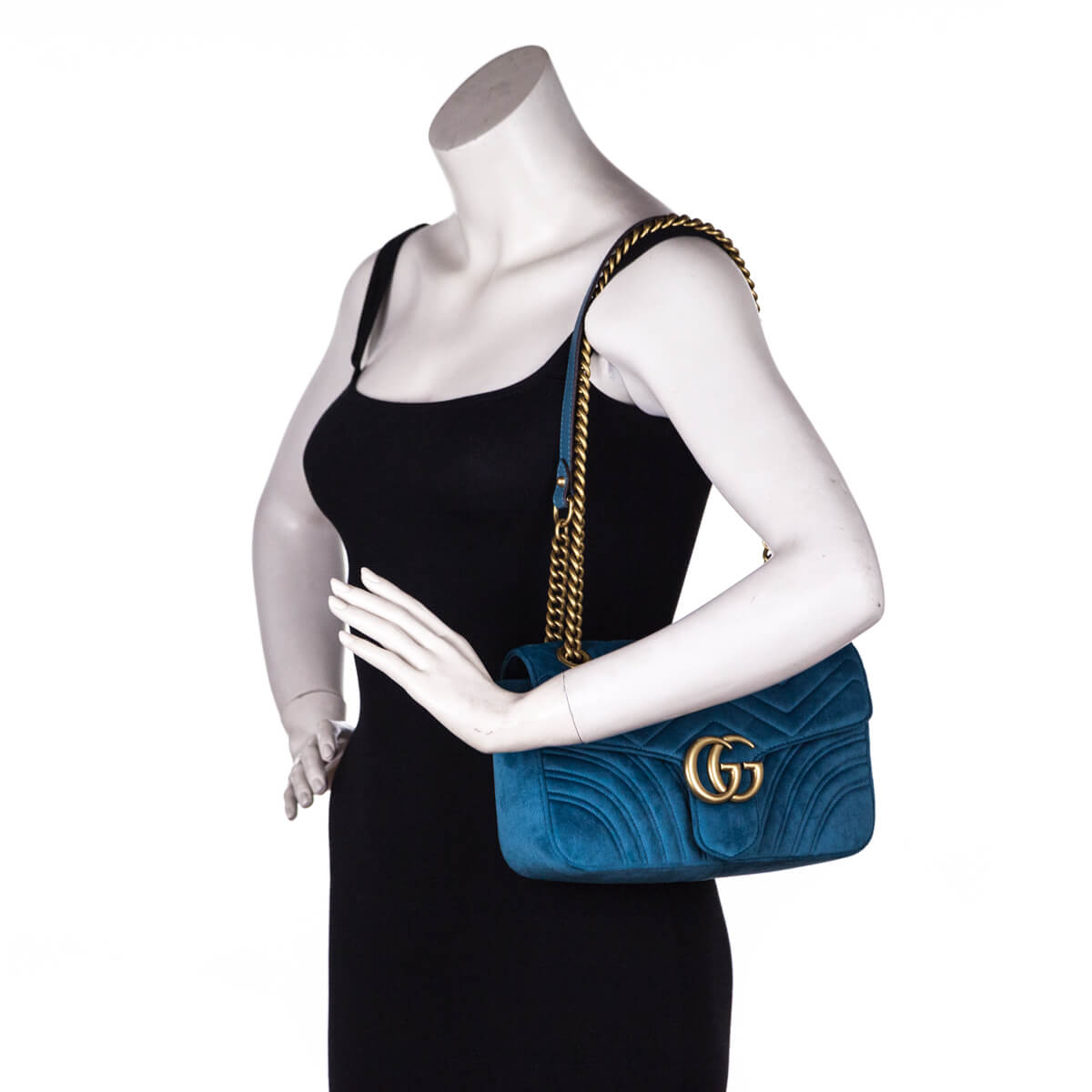 Gucci Petrol Blue Velvet Small GG Marmont Shoulder Bag - Gucci Bags