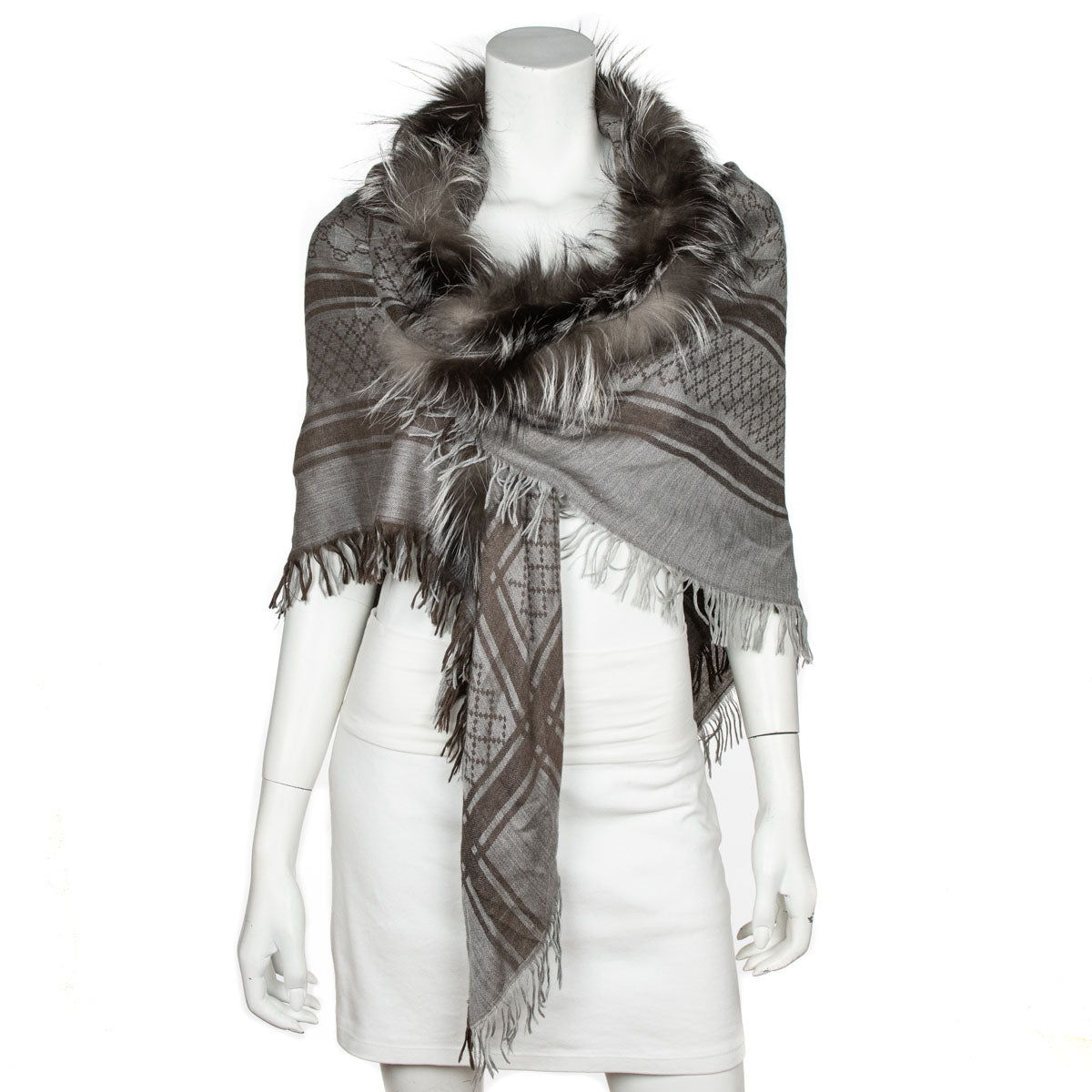 Gucci Brown Wool & Silk Blend Fox Trimmed GG Fringe Shawl