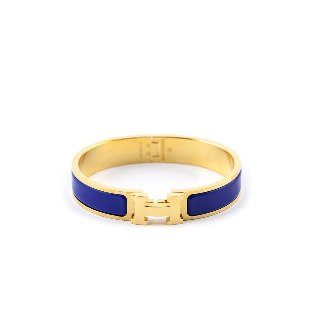 Hermes Blue Enamel & Gold Plated Clic H Bracelet - Hermes Bracelets CA