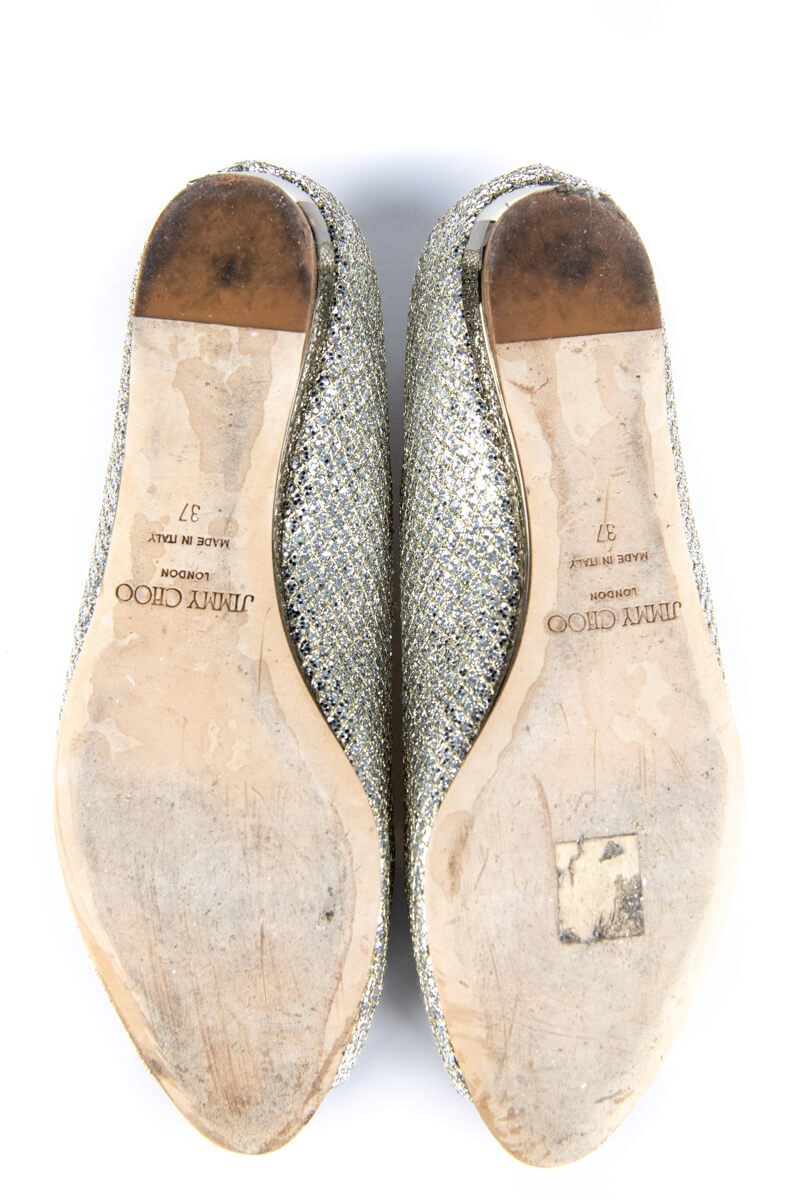 Jimmy Choo Silver and Gold Glitter Peep Toe Ballet Flats