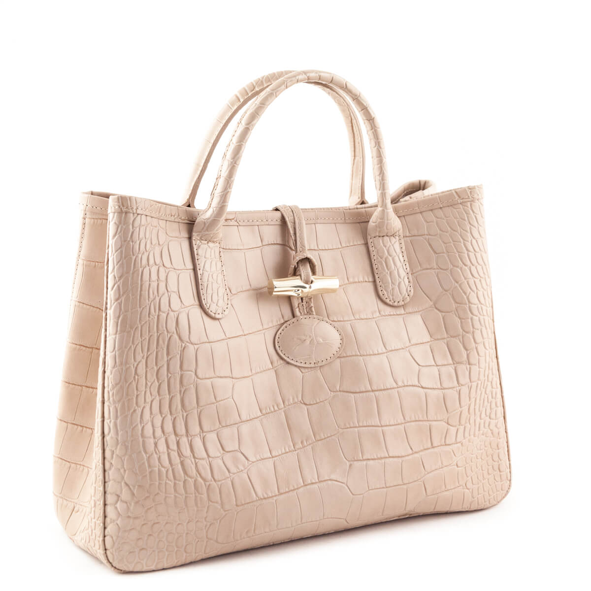Longchamp Beige Croc Embossed Roseau Tote - Luxury Bags Canada