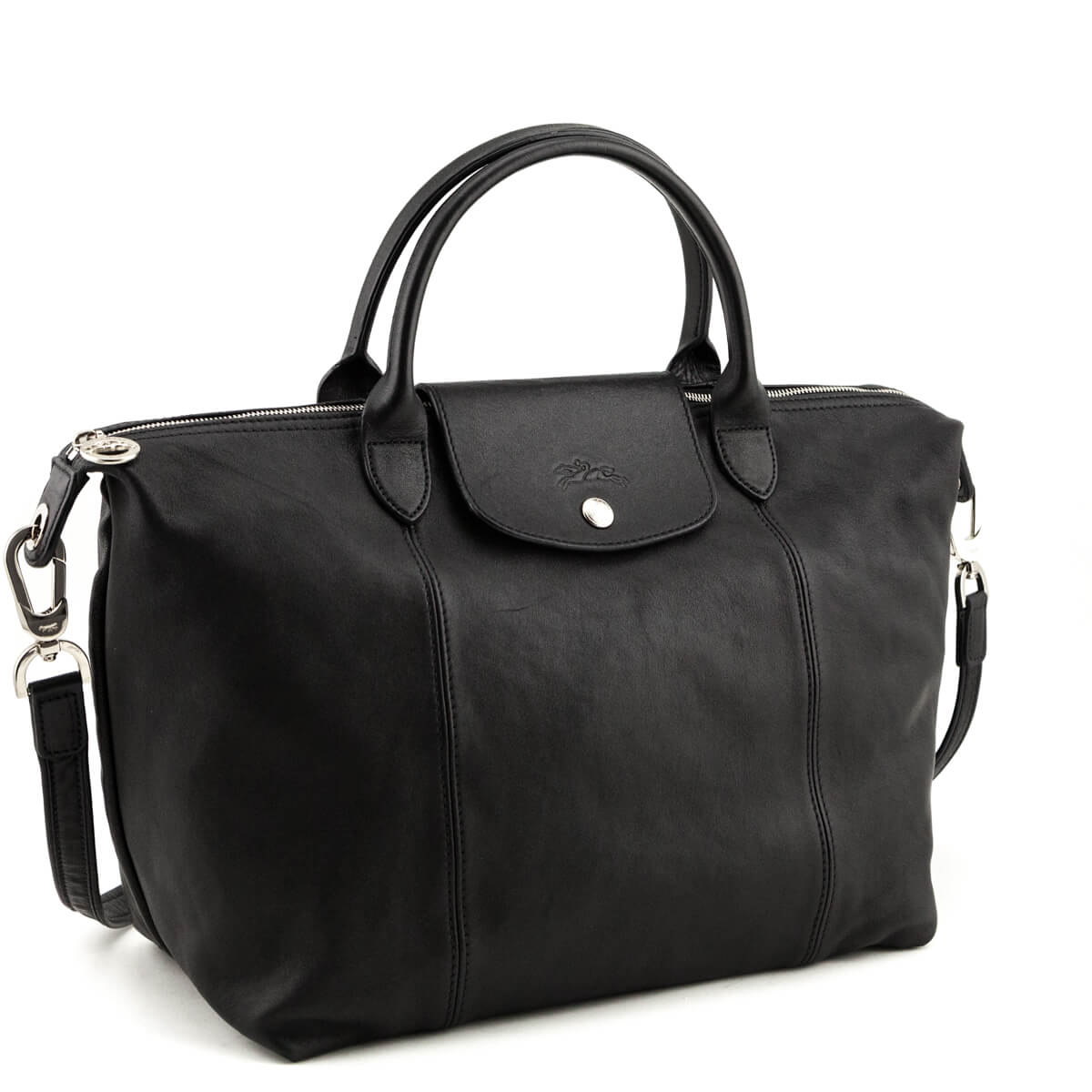 Longchamp Black Leather Le Pliage Cuir Large Webbing Top Handle Bag