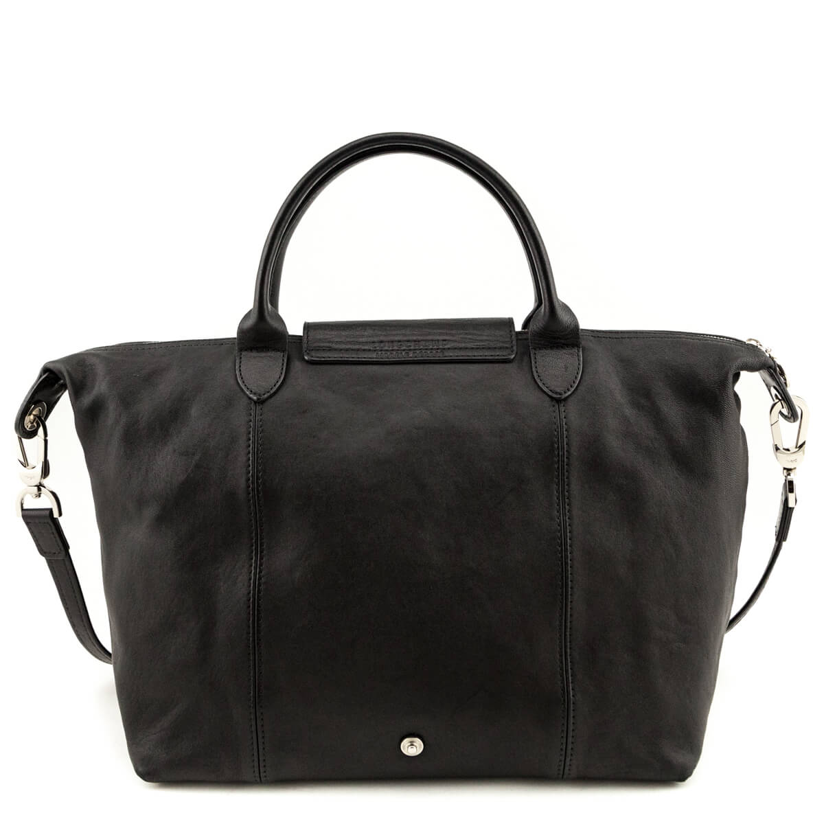 Longchamp Black Leather Le Pliage Cuir Large Webbing Top Handle Bag