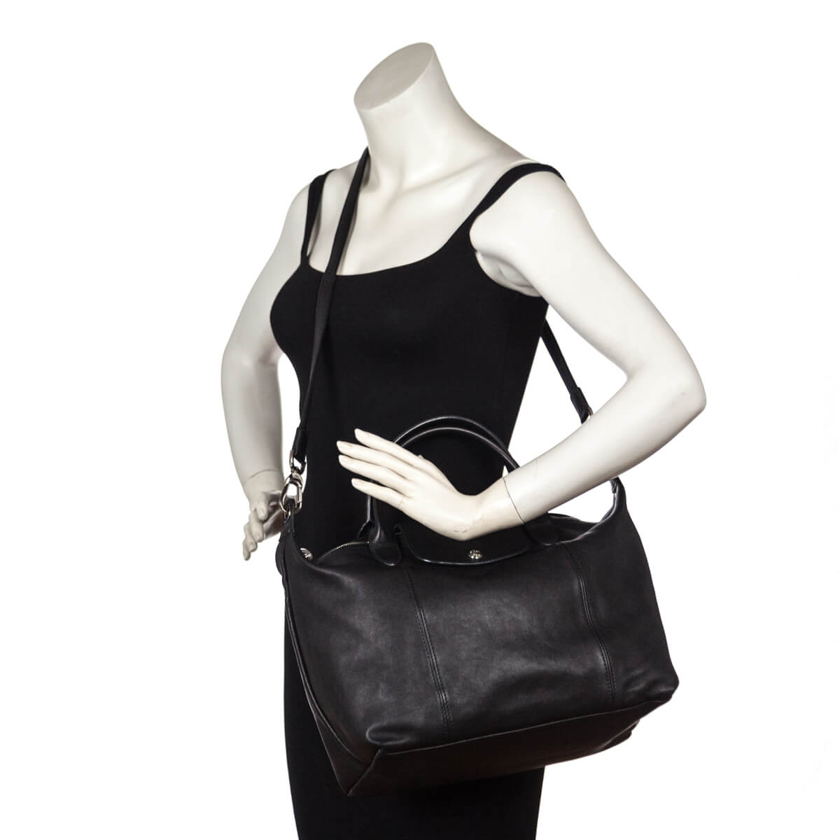 Longchamp Black Leather Le Pliage Cuir Large Webbing Top Handle Bag