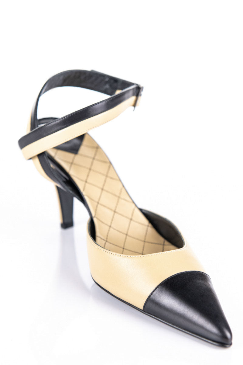 chanel beige and black heels