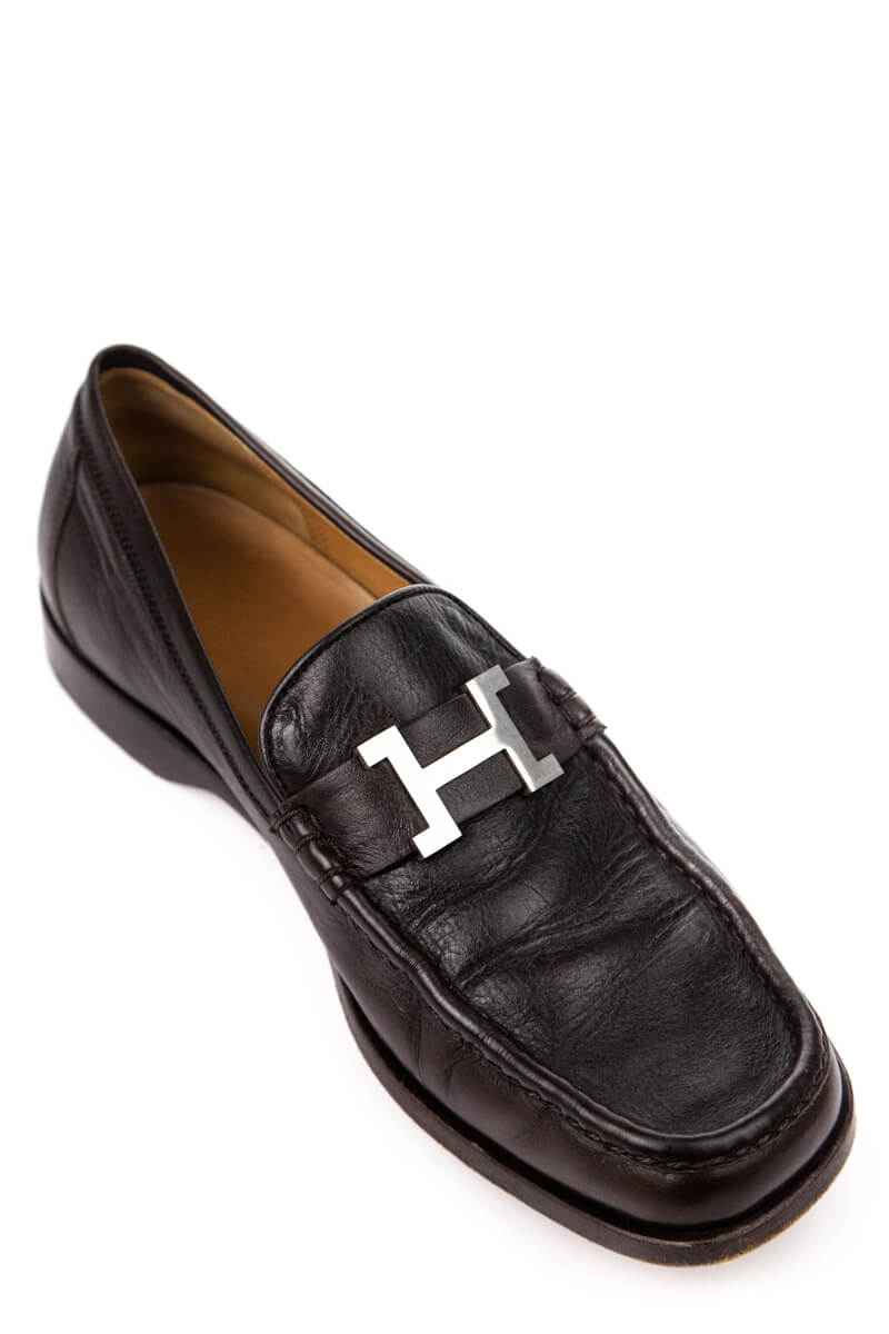 Hermes Brown Leather Logo Loafers 