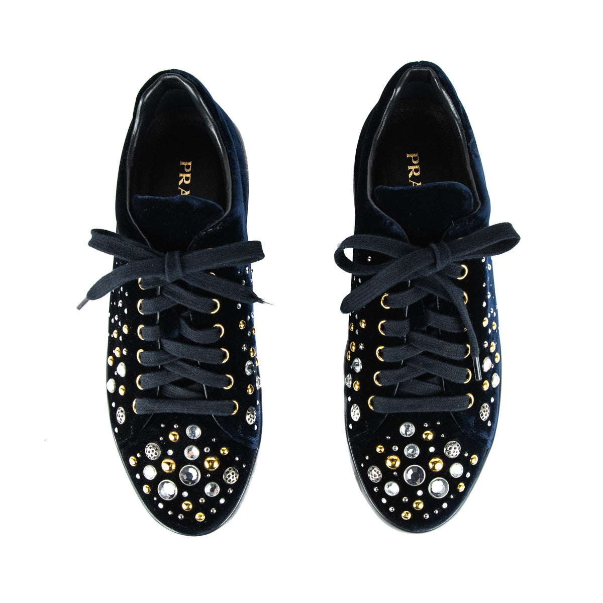 Prada Blue Velvet Crystal and Stud Embellished Sneakers - Prada Canada