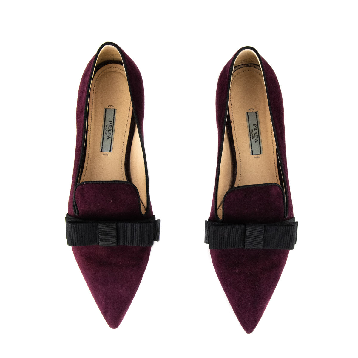 Prada Burgundy Suede Pointed Toe Bow Loafers - Prada Shoes Canada