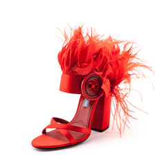 Prada Red Satin Feather Embellished Sandals - Authentic Prada Canada