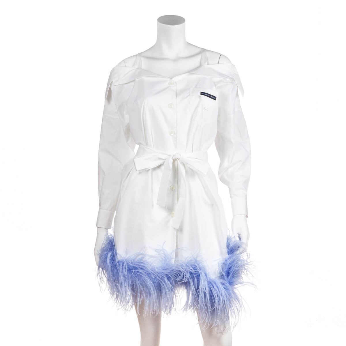 Prada White Cotton Feather Trim Shirt Dress - Preloved Prada Dresses
