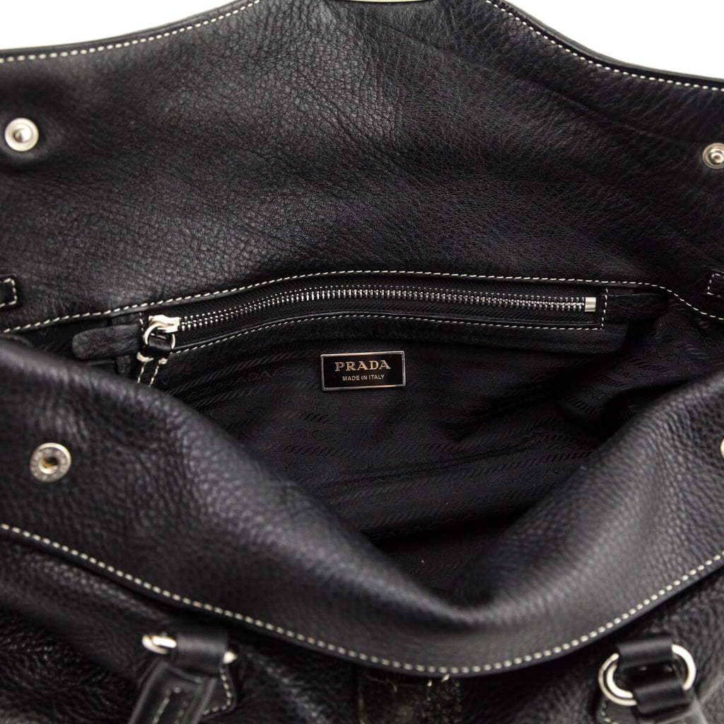 Prada Black Leather Foldover Push Lock Shoulder Bag - Preloved Prada