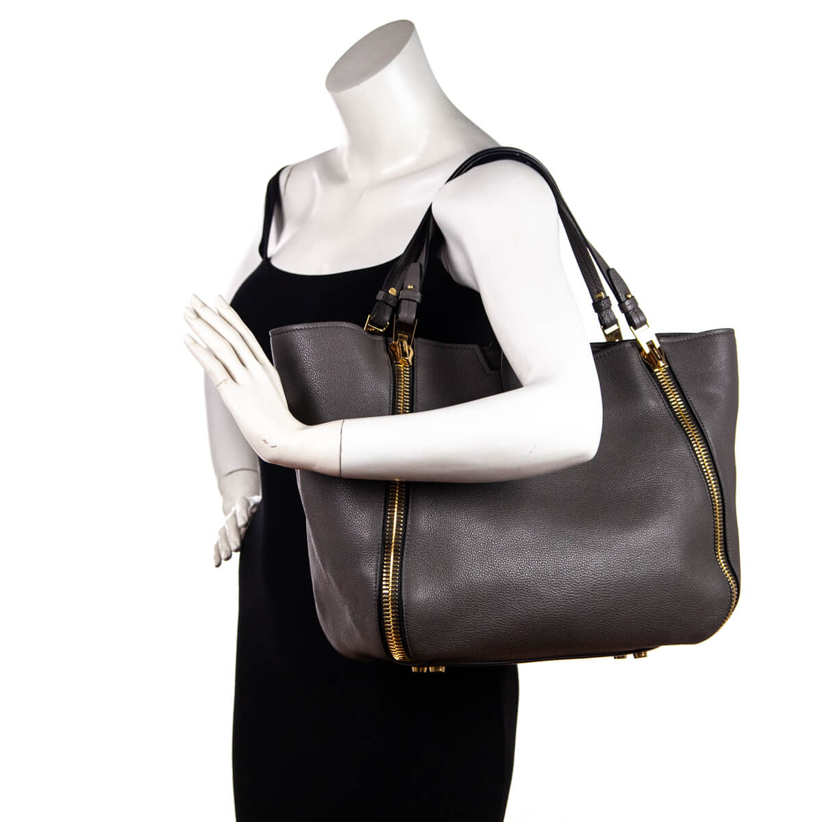 Tom Ford Graphite Grained Calfskin Sedgwick Medium Zipper Tote