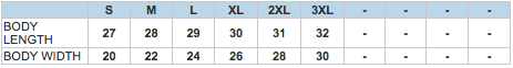 Fruit of the Loom SF76R Size Chart