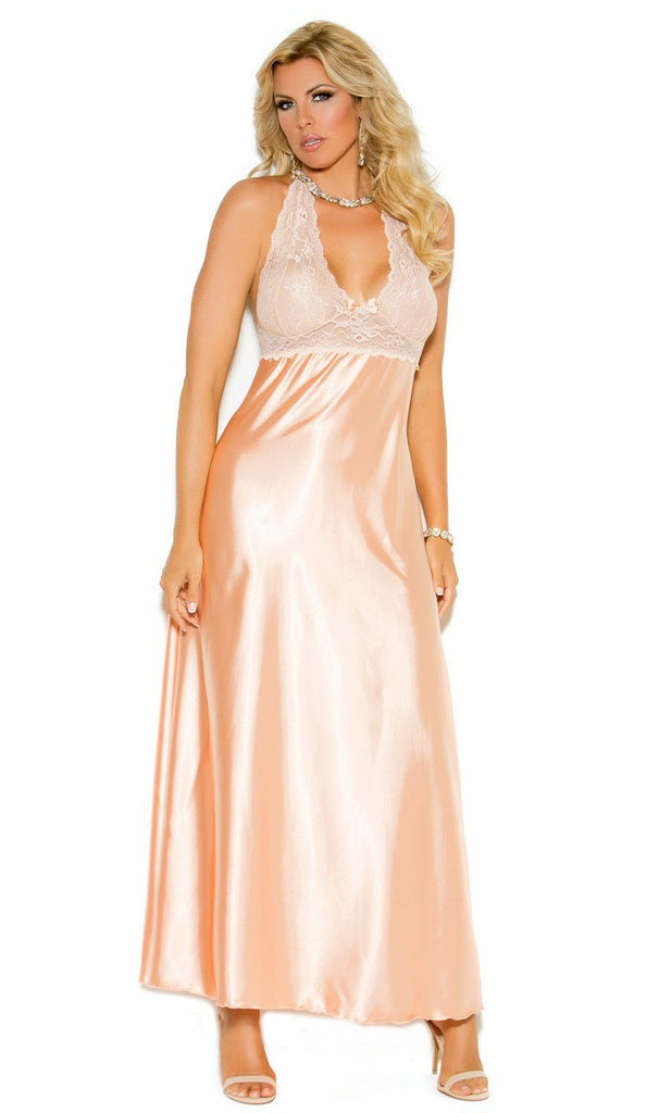 Elegant Peach Lace and Satin Long Halter Neck Nightgown – Nyteez