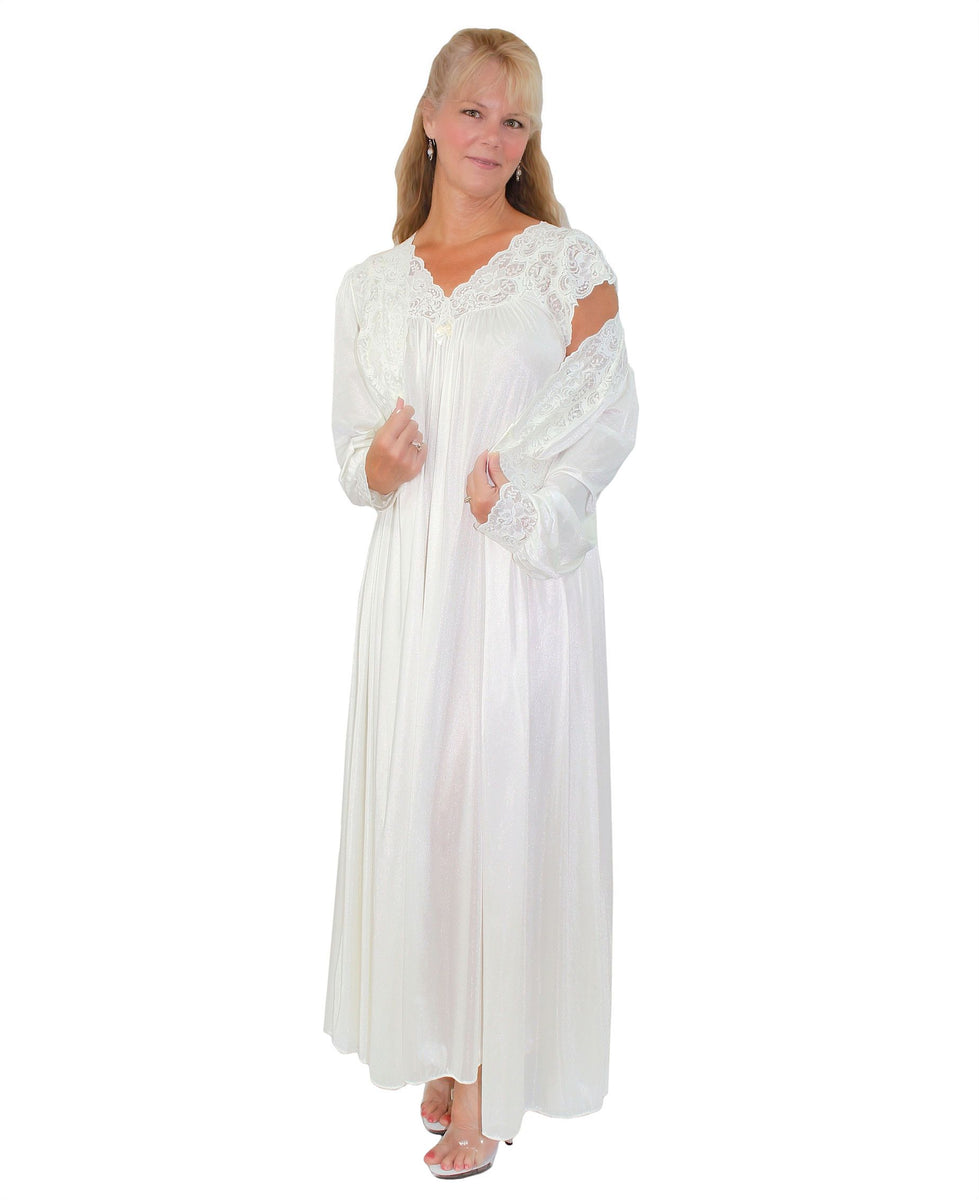 Shadowline Long Nylon Nightgown and Robe Peignoir Set Lace Cap Sleeves ...