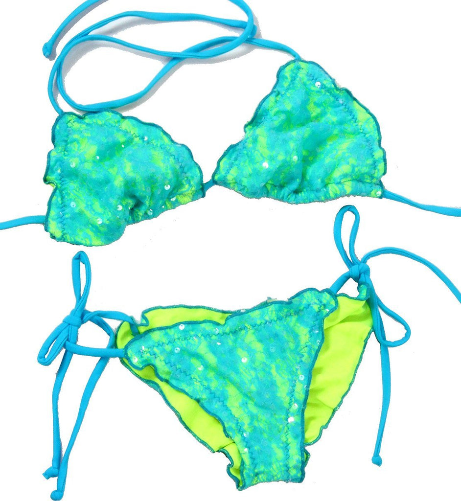 Women's Bathing Suit Neon Lace Scrunch Back Two Piece Tie Side Swimsui ...