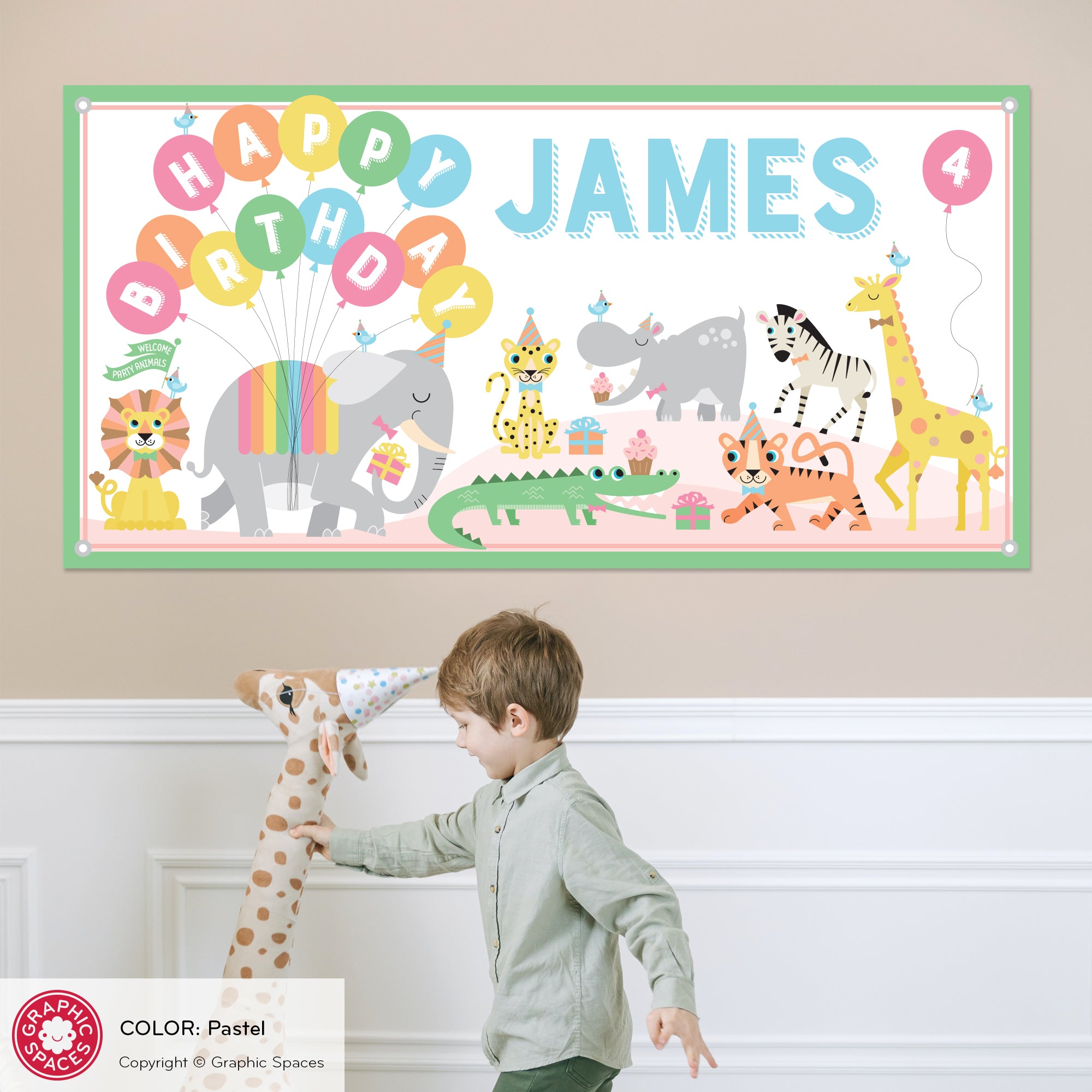 Safari Jungle Animal Birthday Party Banner - Personalized Pastel Baby Girl  - Graphic Spaces