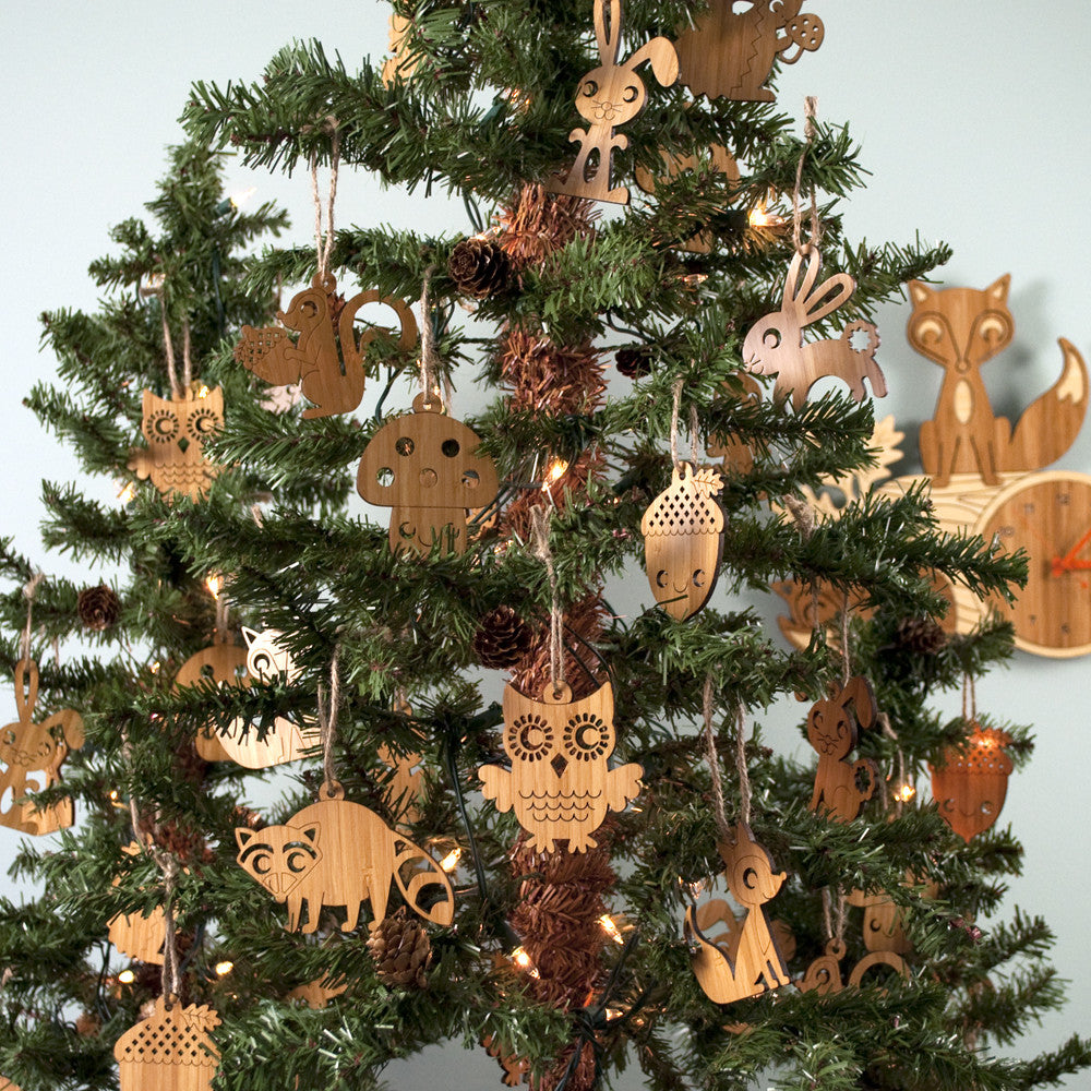Woodland Animal Christmas Ornaments Bamboo Handmade Graphic Spaces