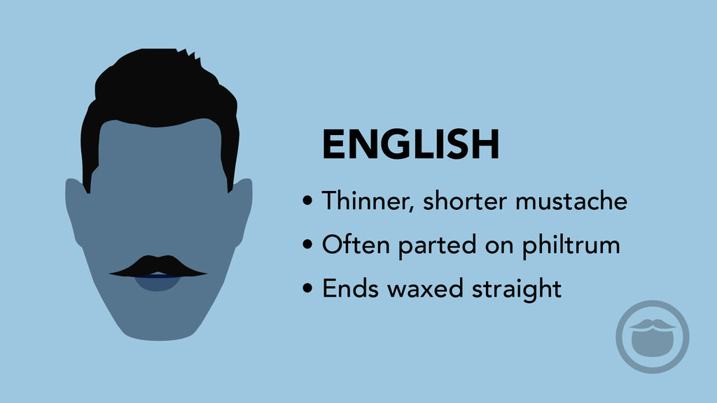 A colorful graphic of an English mustache, and bullet point highlights of this mustache style.