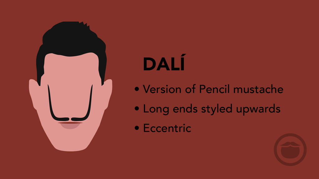 A colorful graphic of a dali mustache, and bullet point highlights of this mustache style.