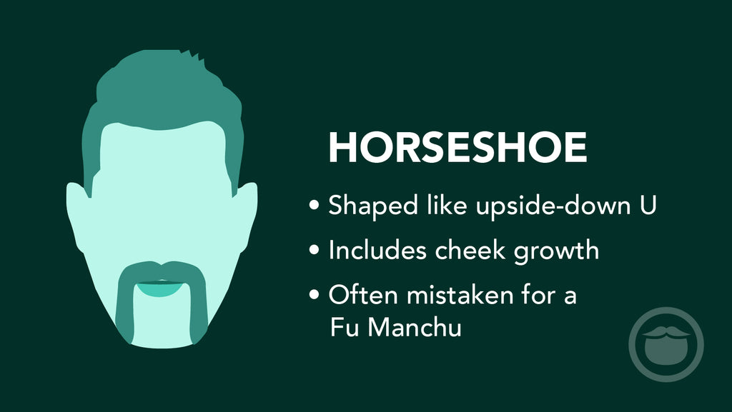 A colorful graphic of a horseshoe mustache, and bullet point highlights of this mustache style.